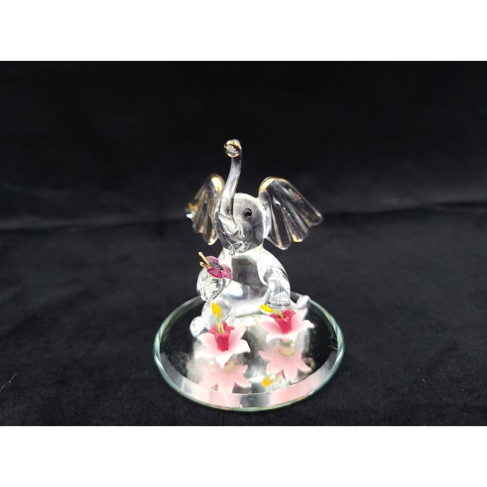 Glass Baron Elephant With‎ Flowers & Butterfly Figurine On Mirror Gold Accents